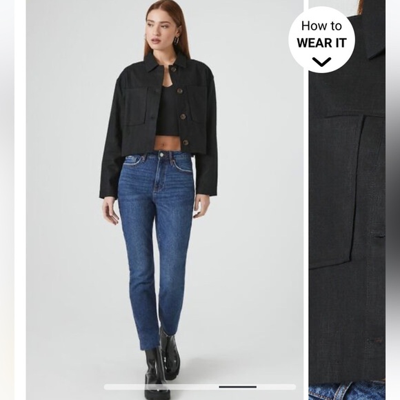 Forever 21 100% linen collared jacket with pocket in black. Size M - Picture 2 of 8